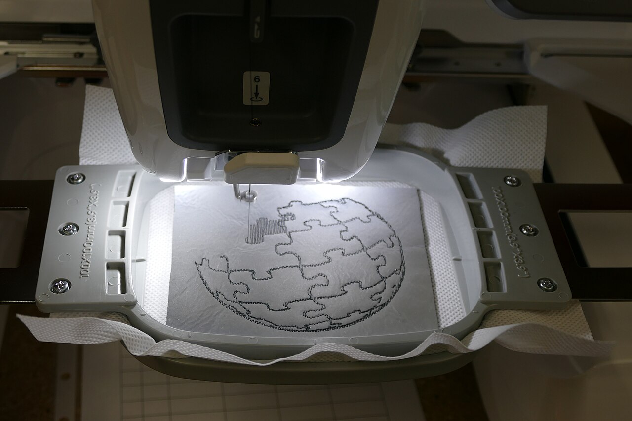 Fabric and stabilizer clamped in an embroidery hoop under the needle